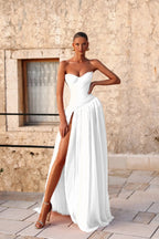 Cocoslly Strapless Sleeveless High Waist Long Prom Dress With Deep Split And Pleated | Pink Chiffon YC0472