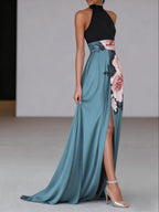 Black Floral Slit Satin Halter Neck Sleeveless A-Line Floor-length Gown Dress