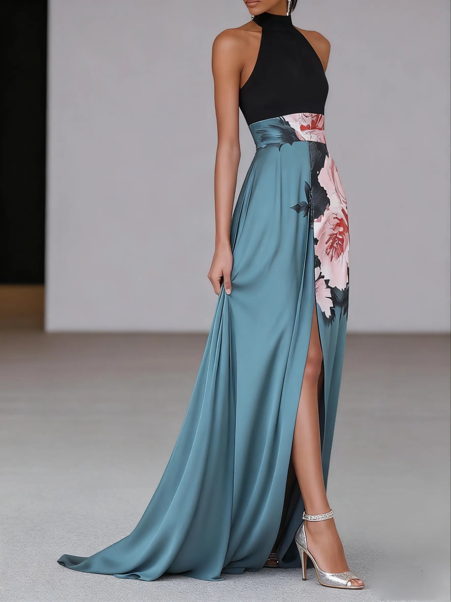 Black Floral Slit Satin Halter Neck Sleeveless A-Line Floor-length Gown Dress