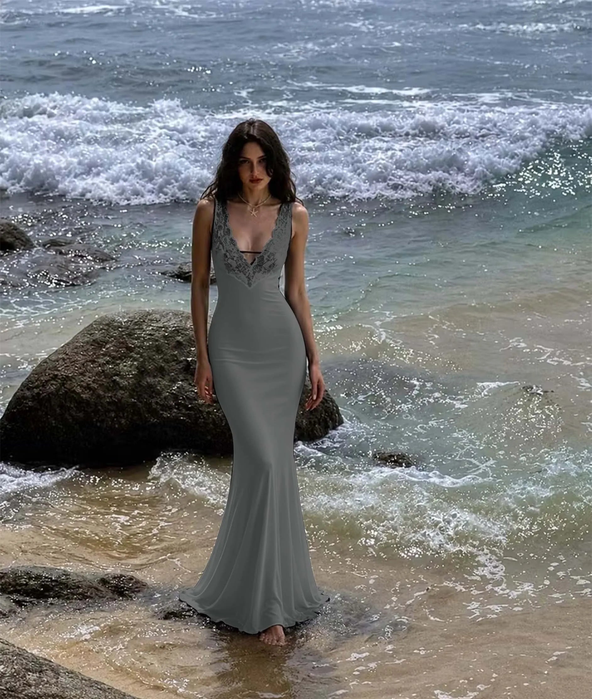 Cocoslly V-Neck Sleeveless High Waist Long Mermaid Prom Dress With Lace | Black Satin LX0099
