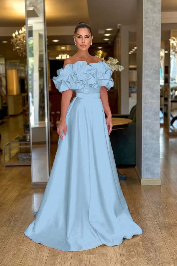 Satin Off-The-Shoulder Strapless High-Waisted Long A-Line Prom Dress With Ruffles JQ0425