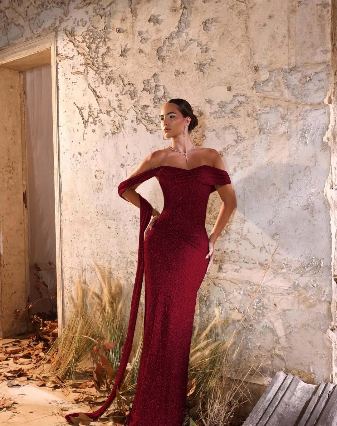Off-The-Shoulder Strapless Sleeveless Long Pleated Mermaid Prom Dress With Sequins And Ruffle YK0709