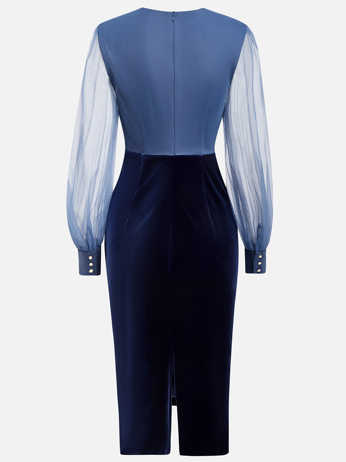 Navy Blue Mesh Split Joint Balloon Sleeve Sheath Midi Velvet Dress
