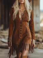 Western Style Tassel Brown Faux Suede Long Seleve Mini Dress