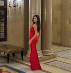Cocoslly Spaghetti Straps Sleeveless High Waist Long Mermaid Prom Dress | Red Satin CO0169
