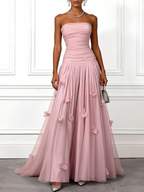 Light Blue 3D Floral Ruched Tulle Strapless Sleeveless A-Line Gown Dress