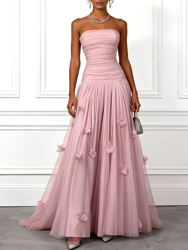 Light Blue 3D Floral Ruched Tulle Strapless Sleeveless A-Line Gown Dress