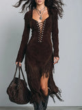 Elegant Vintage Chocolate-brown Faux Suede Fringe Midi Dress