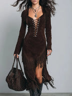 Elegant Vintage Chocolate-brown Faux Suede Fringe Midi Dress