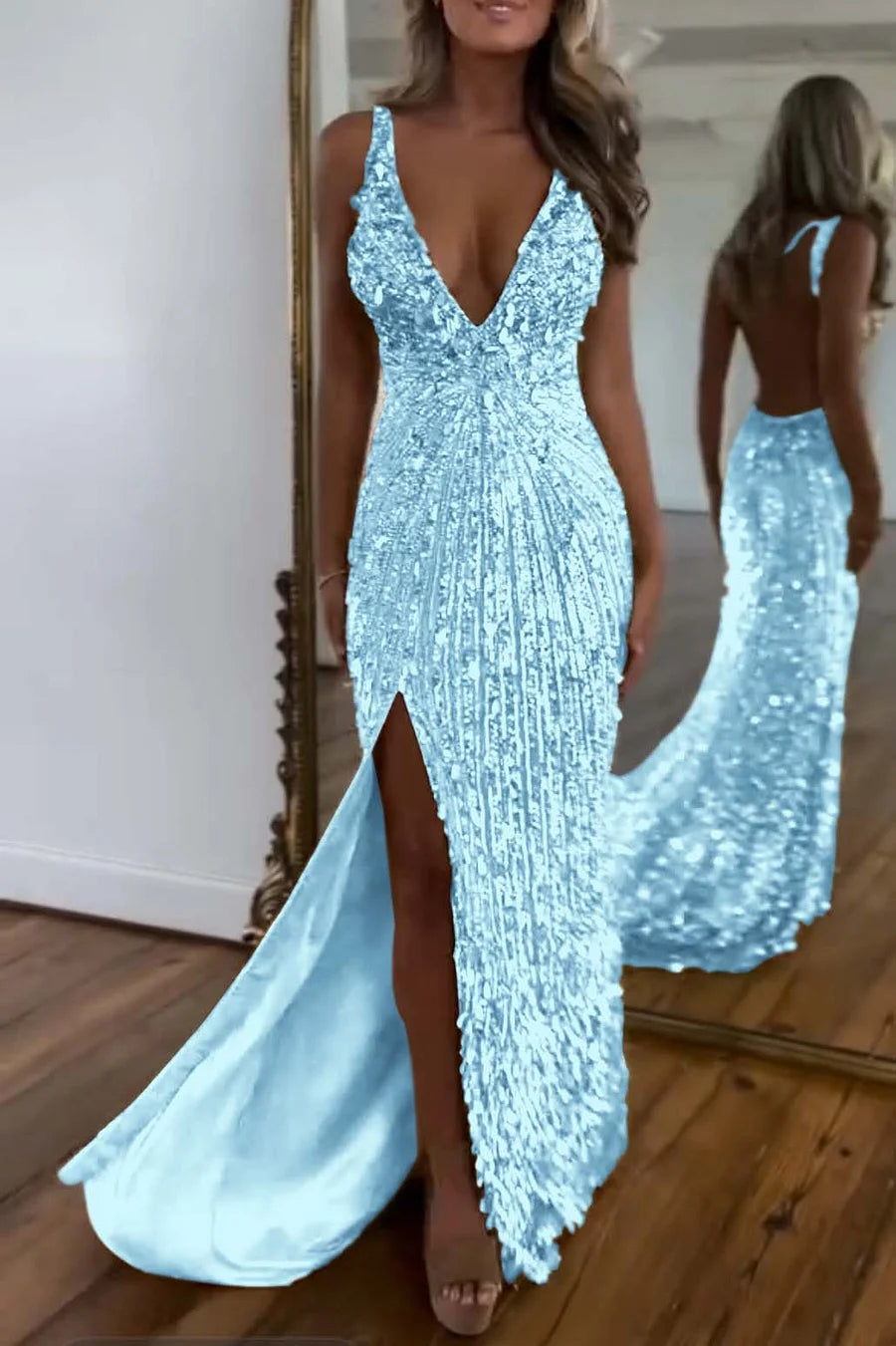 Cocoslly Spaghetti Straps V Neck Sleeveless High Neck Long Prom Dress with Split | Glod Champage  Sequins MS0489