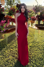 Cocoslly High Neck Sleeveless High Waist Long Mermaid Prom Dress | Fuchsia Satin XJ0757