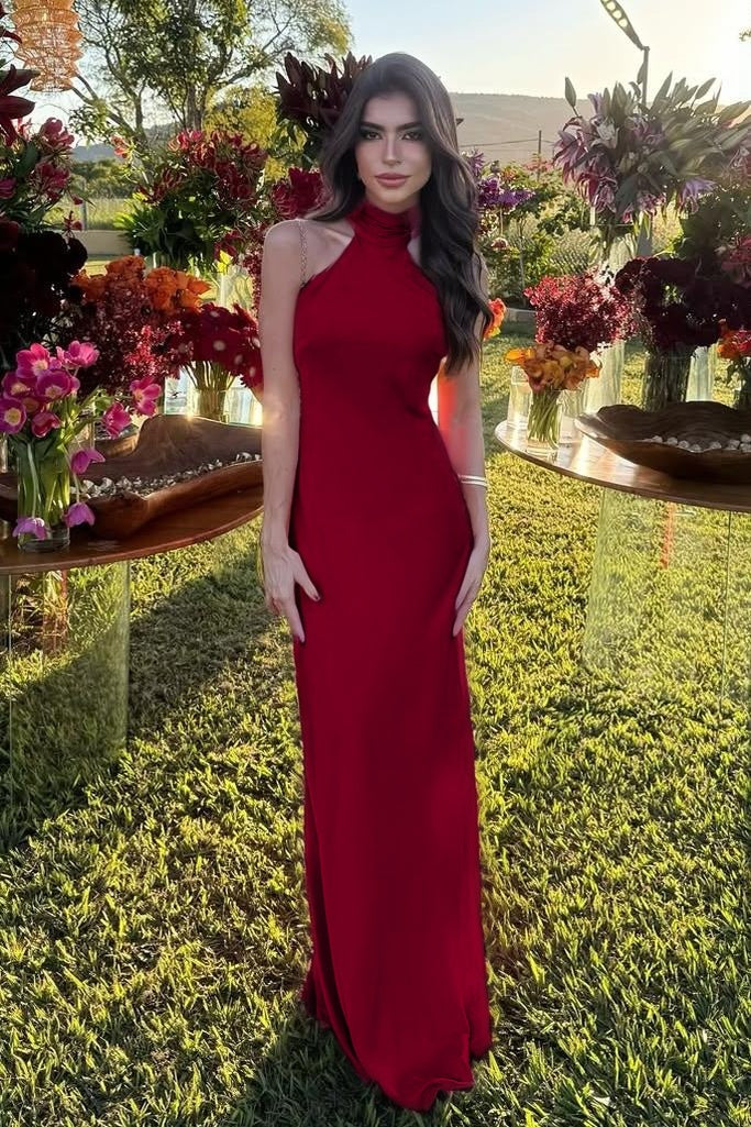 Cocoslly High Neck Sleeveless High Waist Long Mermaid Prom Dress | Fuchsia Satin XJ0757