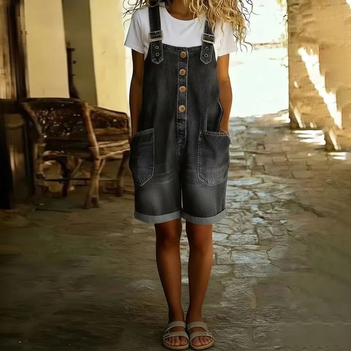 Women's Vintage Distressed Washed Shorts Jumpsuit