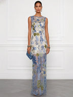 Blue Sequin Embroidery Classic Boat Neck Sleeveless Mermaid Floor-length Gown Dress