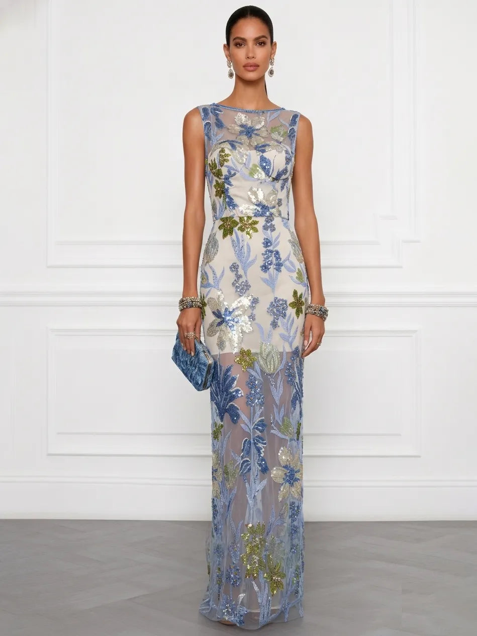 Blue Sequin Embroidery Classic Boat Neck Sleeveless Mermaid Floor-length Gown Dress