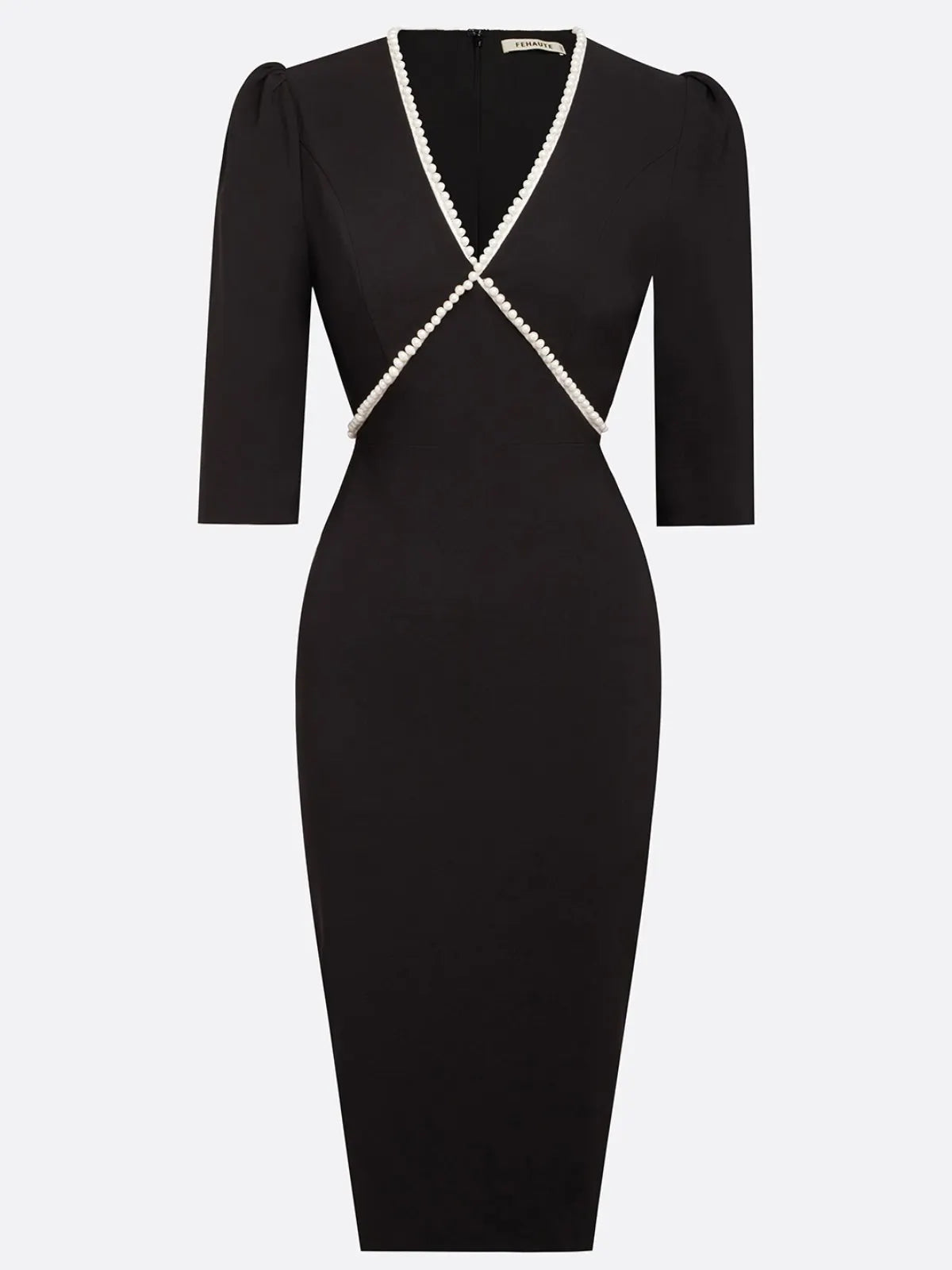 Black Faux Pearl V Neck Sheath Midi Dress