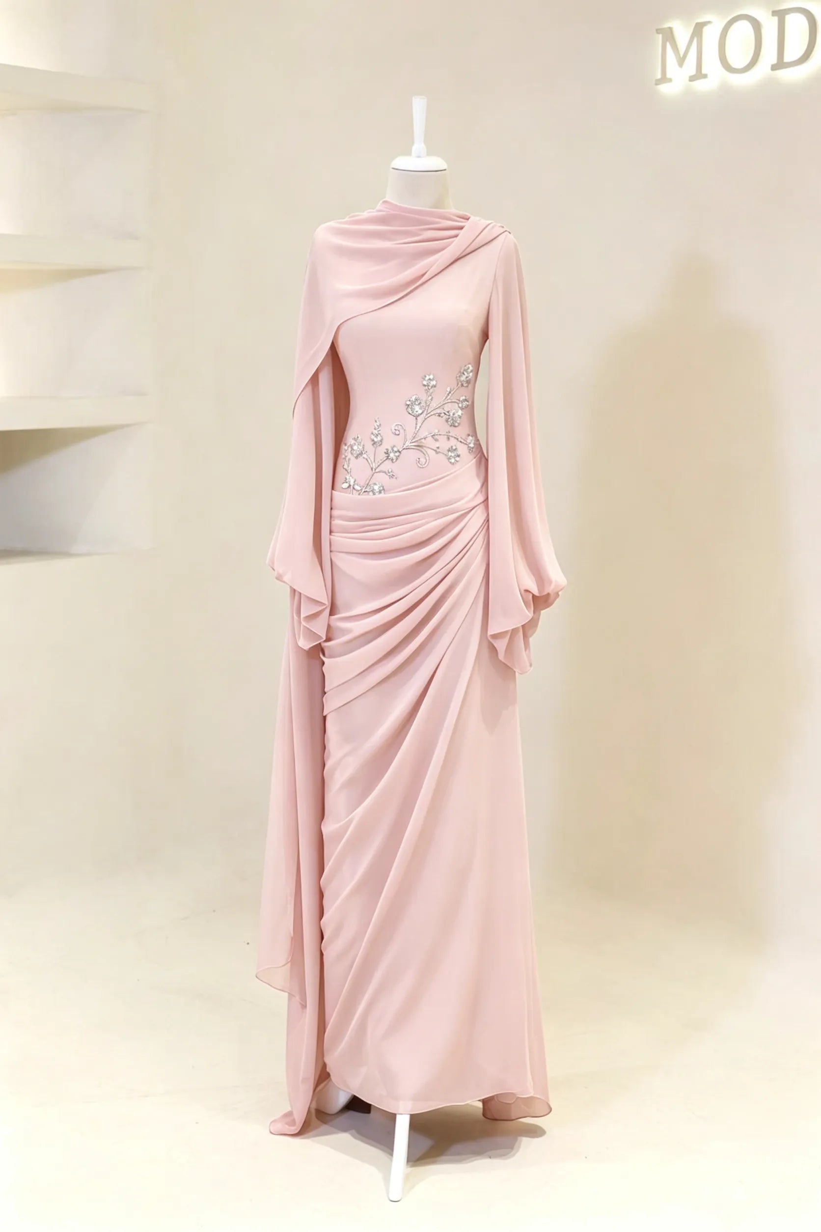 Cocoslly Long Sleeves High Waist Long Prom Dress With Pleated And Beading Pearls | Cabemet Chiffon ZA0710