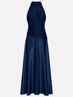 Navy Blue Lace Satin Crew Neck Sleeveless A-Line Maxi Dress