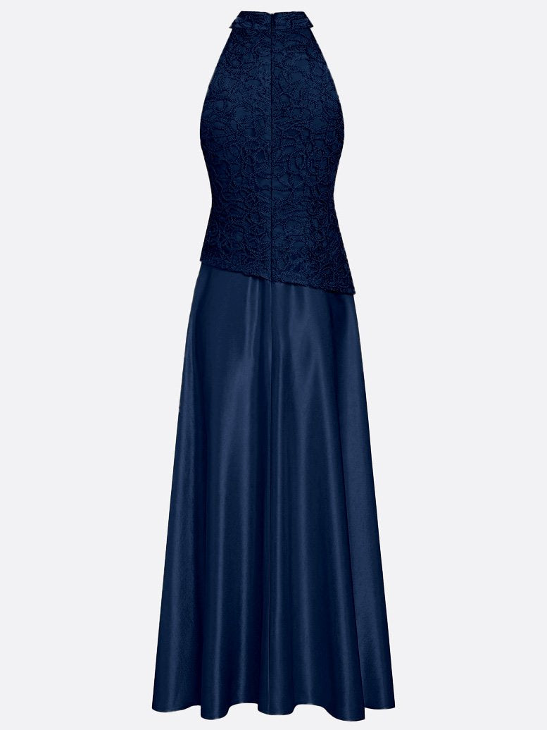 Navy Blue Lace Satin Crew Neck Sleeveless A-Line Maxi Dress