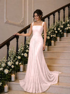 Cocoslly Wide Straps Square Neck Sleeveless High Waist Long Prom Dress With Pleated | Daffodil Chiffon YK1259