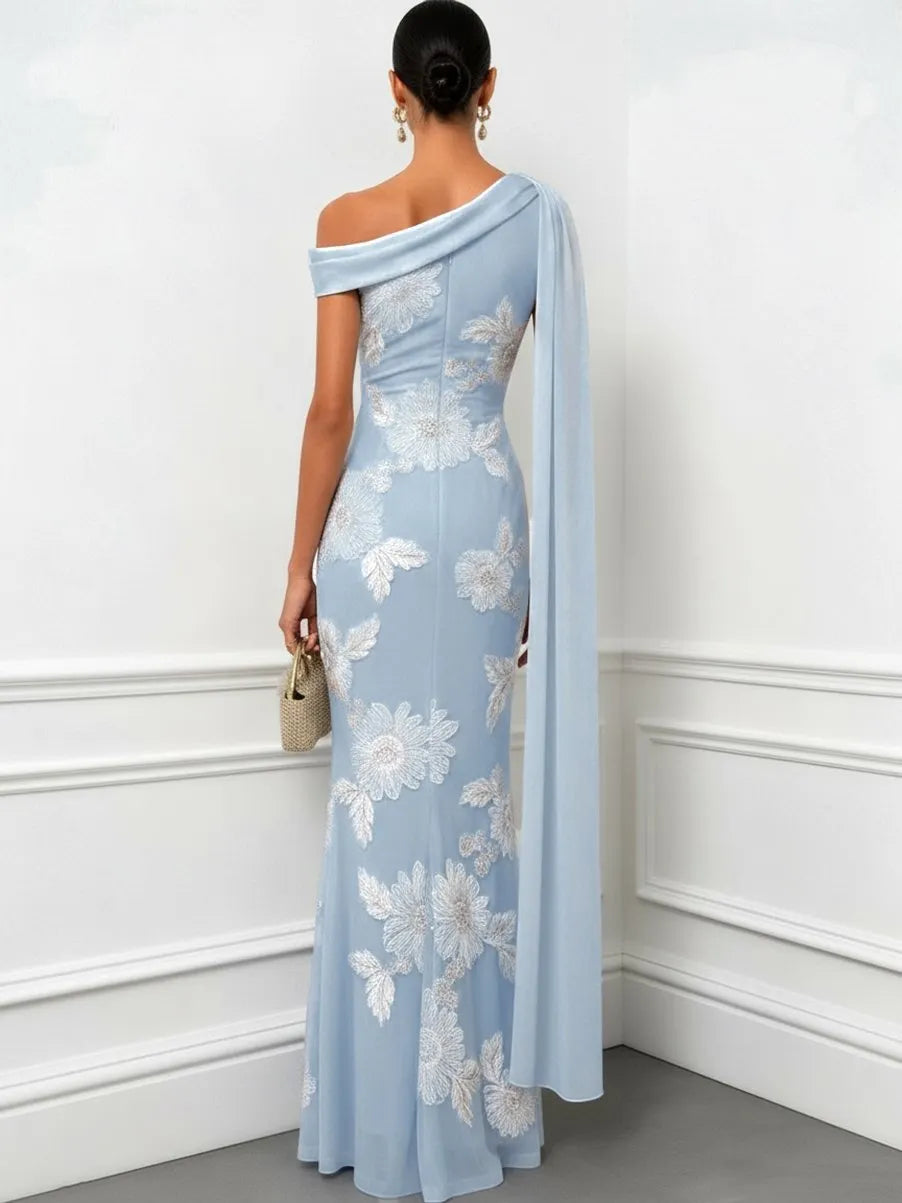 Light Blue Jacquard Classic One Shoulder Sleeveless Mermaid Floor-length Gown Dress