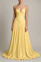 Cocoslly Spaghetti Straps Sleeveless High Waist Long Prom Dress With Pleated | Dusty Blue Chiffon LR0340