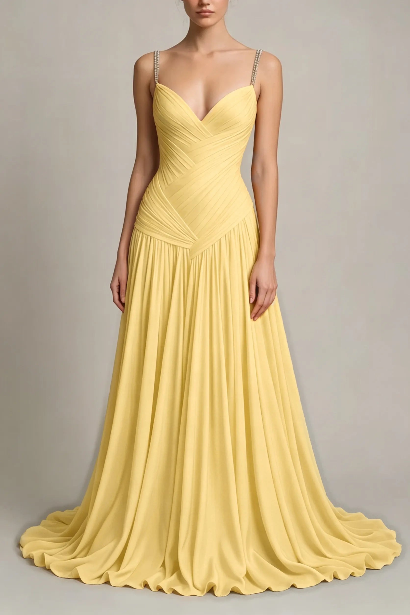 Cocoslly Spaghetti Straps Sleeveless High Waist Long Prom Dress With Pleated | Dusty Blue Chiffon LR0340