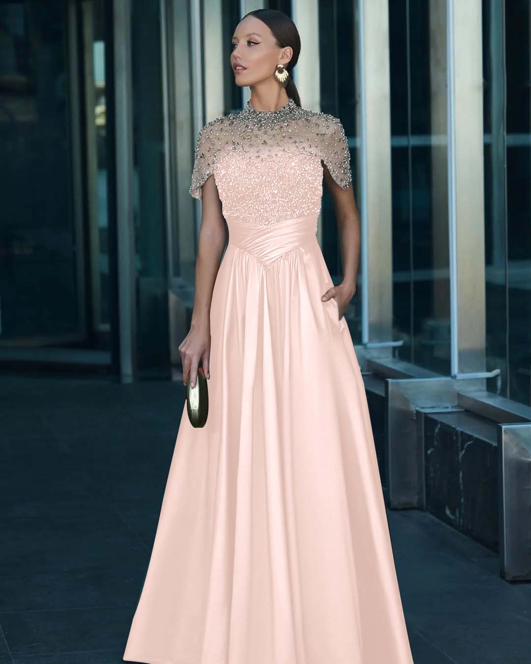 Tulle And Satin High-Neck Short Sleeves Long A-Line Pleated Prom Dress With Pockets And Beadings YK0542