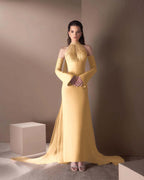Spandex And Tulle High Neck Strapless Long Sleeves Long Mermaid Prom Dress With Ruffles And Beadings YK0748