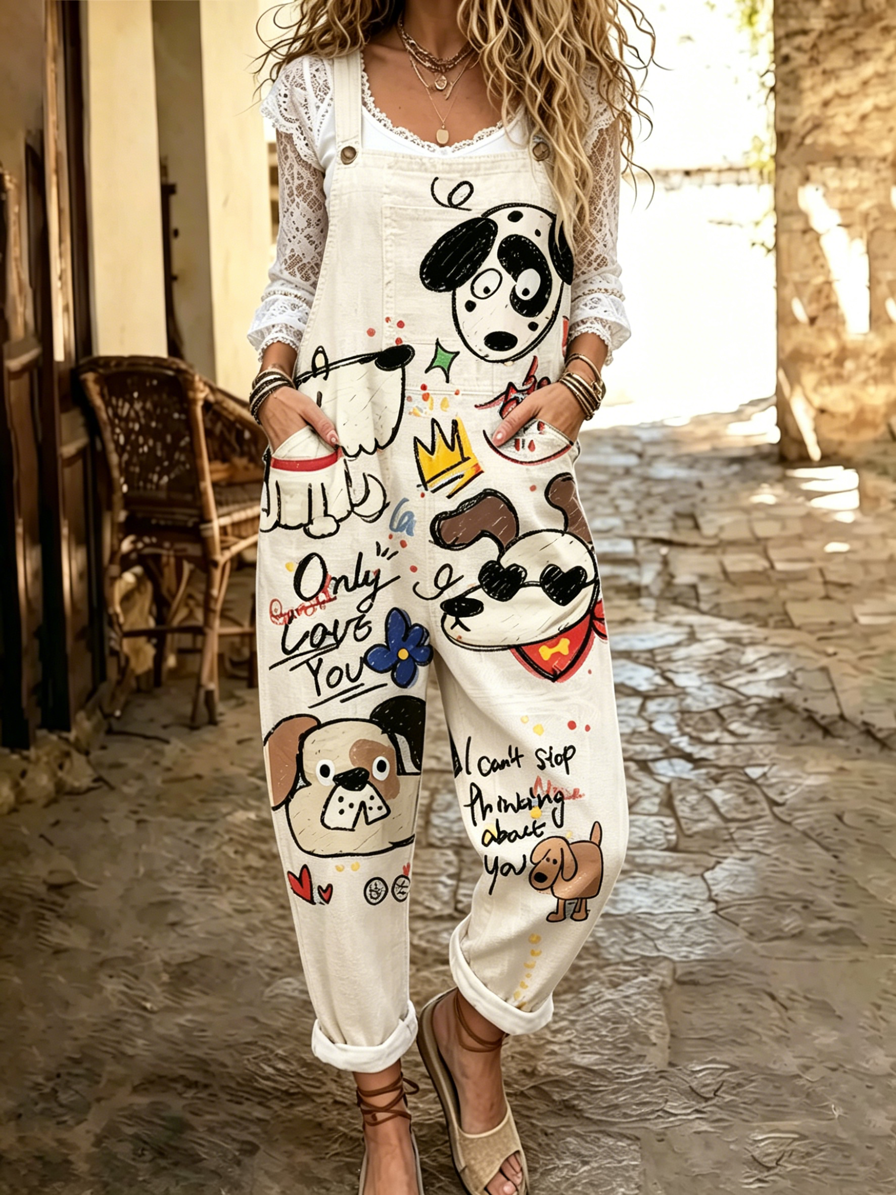 Women's Cute Dog Art Print Flowy Linen Blend Casual Jumpsuit