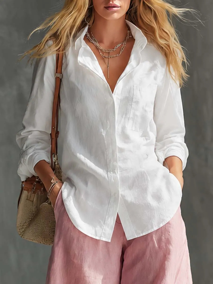 Versatile And Casual White Cotton-linen Shirt