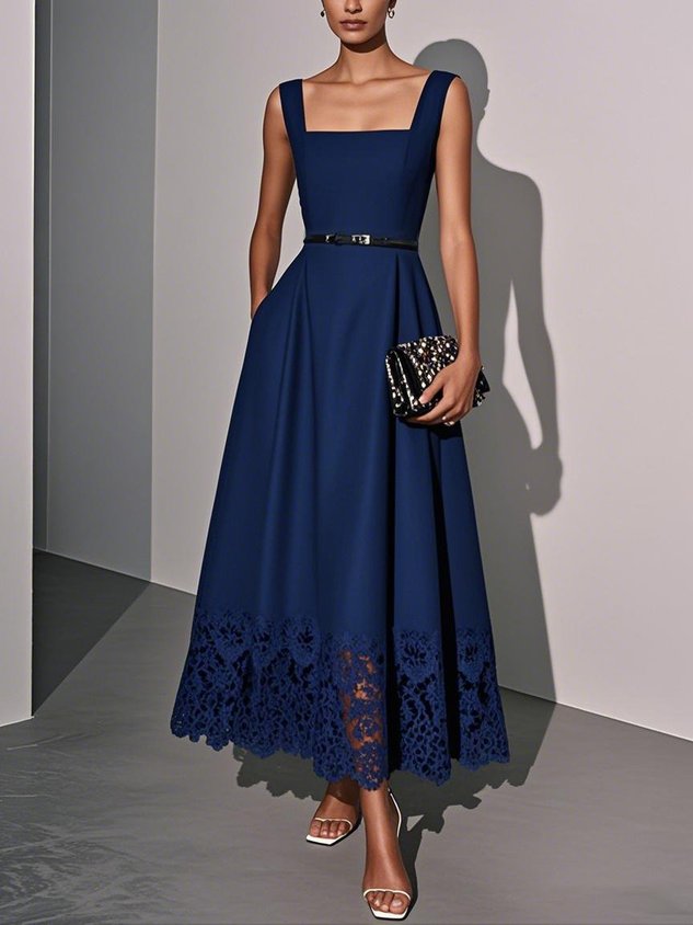 Light Blue Lace Classic Square Neck Sleeveless A-Line Maxi Dress