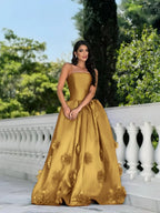 Satin Strapless Sleeveless Long A-Line Prom Dress With Flower Appliques And Pleated YK0617