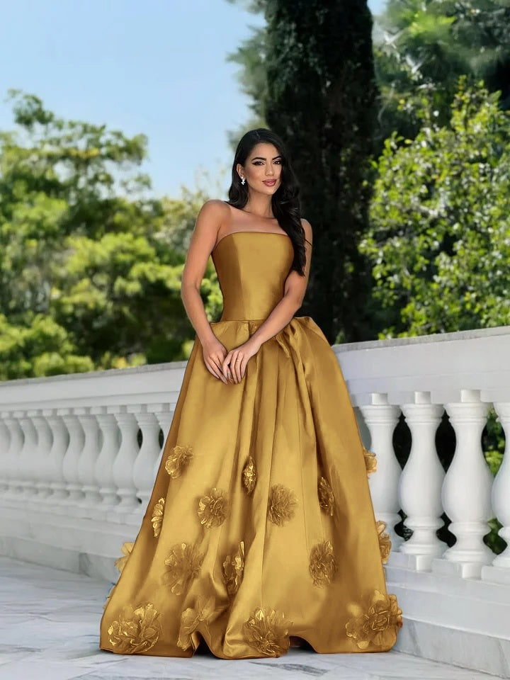 Satin Strapless Sleeveless Long A-Line Prom Dress With Flower Appliques And Pleated YK0617