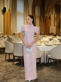Cocoslly High Neck Short Sleeves High Waist Long Prom Dress With Sequins | Blushing Pink Satin DB0039
