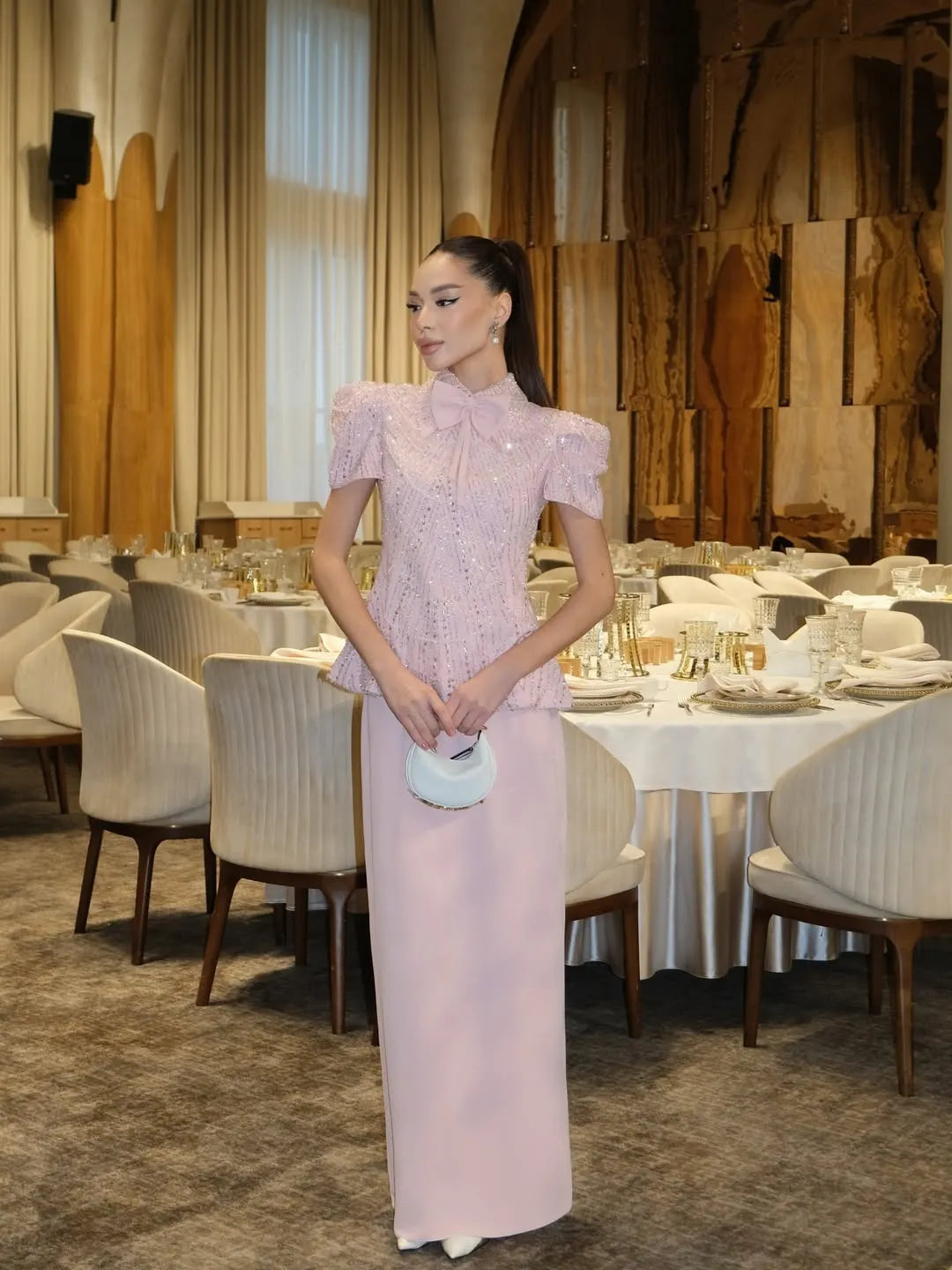 Cocoslly High Neck Short Sleeves High Waist Long Prom Dress With Sequins | Blushing Pink Satin DB0039