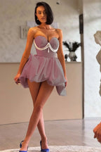 Cocoslly Strapless Sweetheart Sleeveless High Waist Short Prom Dress With Pearls | Ivory Satin ZT0683