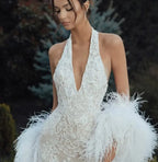 Cocoslly Halter V-Neck Sleeveless High Waist Long Prom Dress With Appliques And Tassel | White Lace LR0368