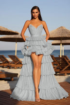 Cocoslly Strapless Sleeveless High Waist Long A Line Prom Dress With Ruffles | Champage Glod Satin YC0487
