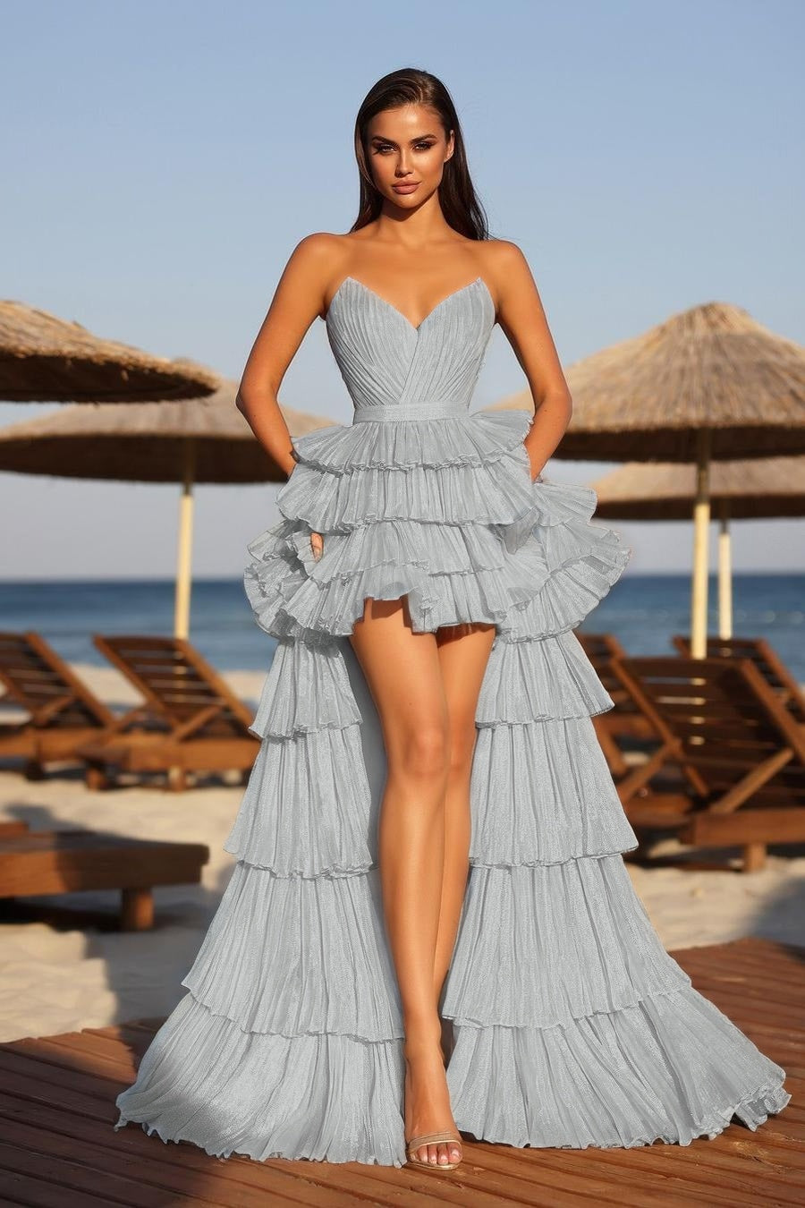 Cocoslly Strapless Sleeveless High Waist Long A Line Prom Dress With Ruffles | Champage Glod Satin YC0487