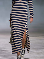 Retro Nautical Navy Striped Polo Collar Long-Sleeve Slit Maxi Dress