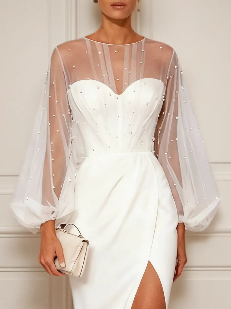White Faux Pearl Side-Slit Classic Crew Neck Long Sleeve Puff Sleeve Sheath Bridal Gown Dress