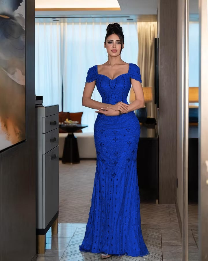 Cocoslly Short Sleeves High Waist Long Mermaid Prom Dress With Rhinstone | Silver Sequins YK1264