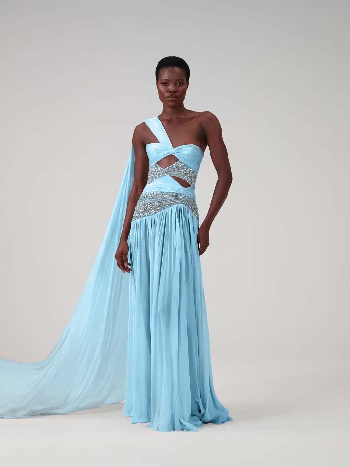 Cocoslly One Shoudler Sleeveless High Waist Long Prom Dress With Rhinstone | Ice White Chiffon YK1281