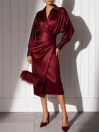 Women Wine Red Lapel Collar Long Sleeve Dressy Top With Skirt Two-Piece Set