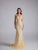 Tulle Sweetheart Spaghetti Straps Sleeveless Long Mermaid Prom Dress With Petals And Sequins YK0668