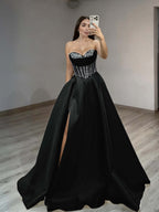 Satin Sweetheart Sleeveless Long Pleated A-Line Prom Dress With Rhinstone And Split YK0584