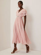 Pink Pleated Rhinestone Chiffon V Neck Short Sleeve Ruffle Sleeve A-Line Maxi Dress