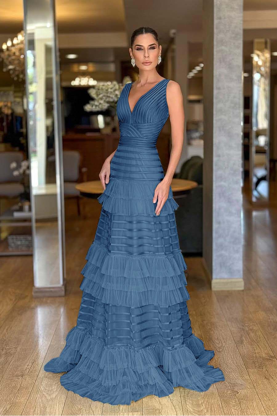 Tulle V-Neck Wide Shoulder Straps Sleeveless Long A-Line Prom Dress With Ruffles And Pleated WQ0149