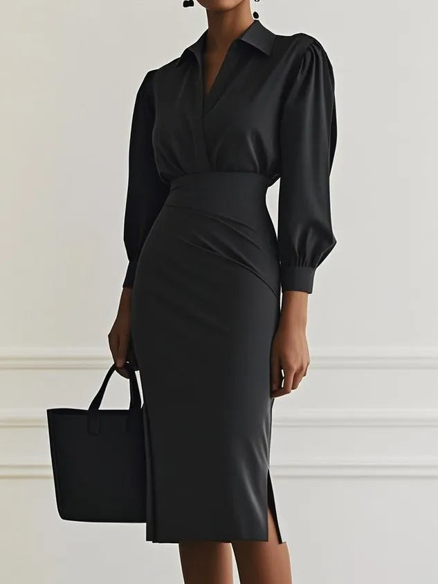 Women Light Gray Ruched Shirt Collar Long Sleeve Dressy Top With Skirt Two-Piece Set